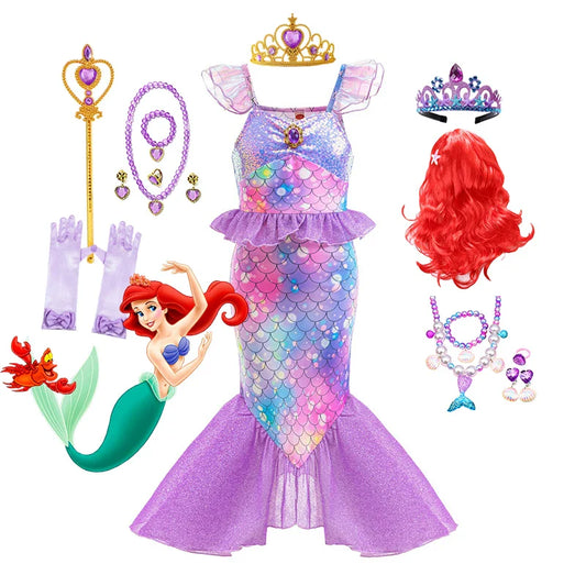 New Ariel Princess Little Mermaid Dress Girl Charm Cosplay Costume Kids Birthday Party Halloween Disguise Clothes
