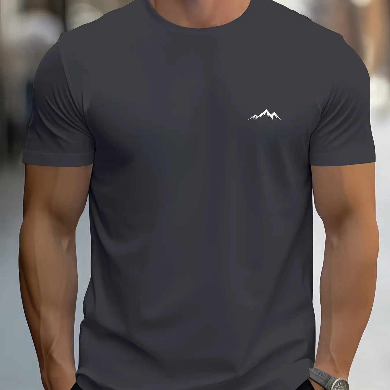 Men's summer 100% pure cotton fashionable casual sports loose mountain print round neck short sleeved T-shirt top
