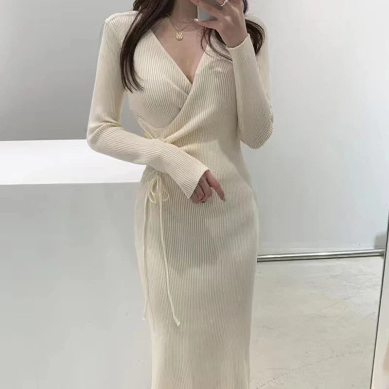 V-ne Knitted Wrap Waist Slimming Mid-length A-line Dr Women's Sweater Dr Korean Sle High Waist Long Sve