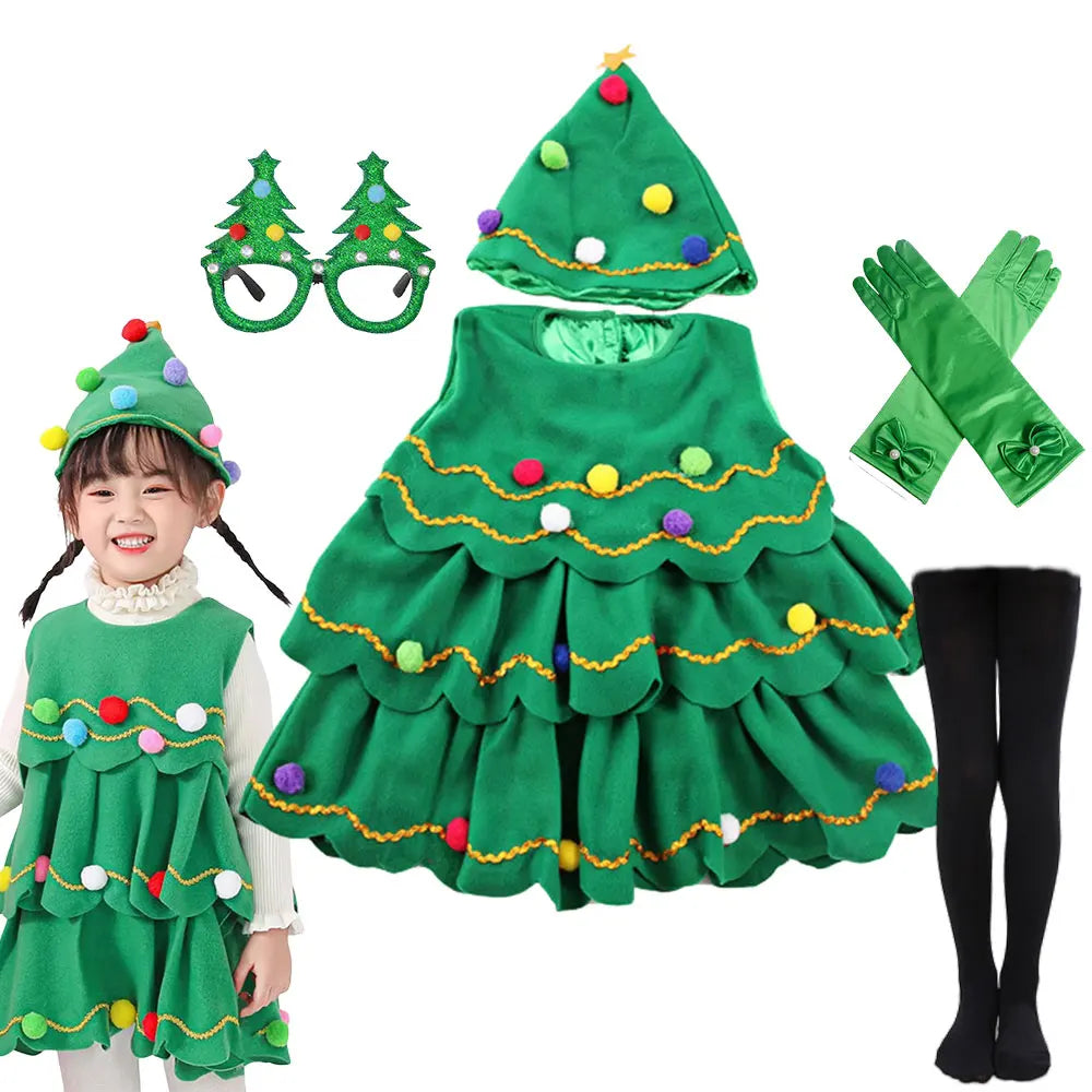 2024-2025 Girl Chritmas Tree Cosplay Costume 2 Pieces Set Dress+Hat Adorable Xmas Party Clothing Toddler St.Nicholas Day Apparel