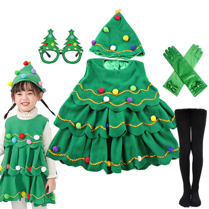 2024-2025 Girl Chritmas Tree Cosplay Costume 2 Pieces Set Dress+Hat Adorable Xmas Party Clothing Toddler St.Nicholas Day Apparel