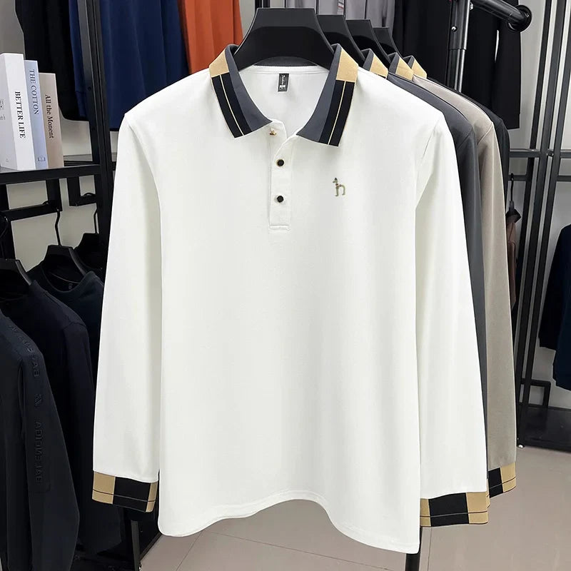 Original Design Men's Lapel Polo Shirt Autumn New Solid Color Print Long Sleeve T-Shirt High-End Business Leisure Men's Clothing