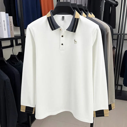 Original Design Men's Lapel Polo Shirt Autumn New Solid Color Print Long Sleeve T-Shirt High-End Business Leisure Men's Clothing