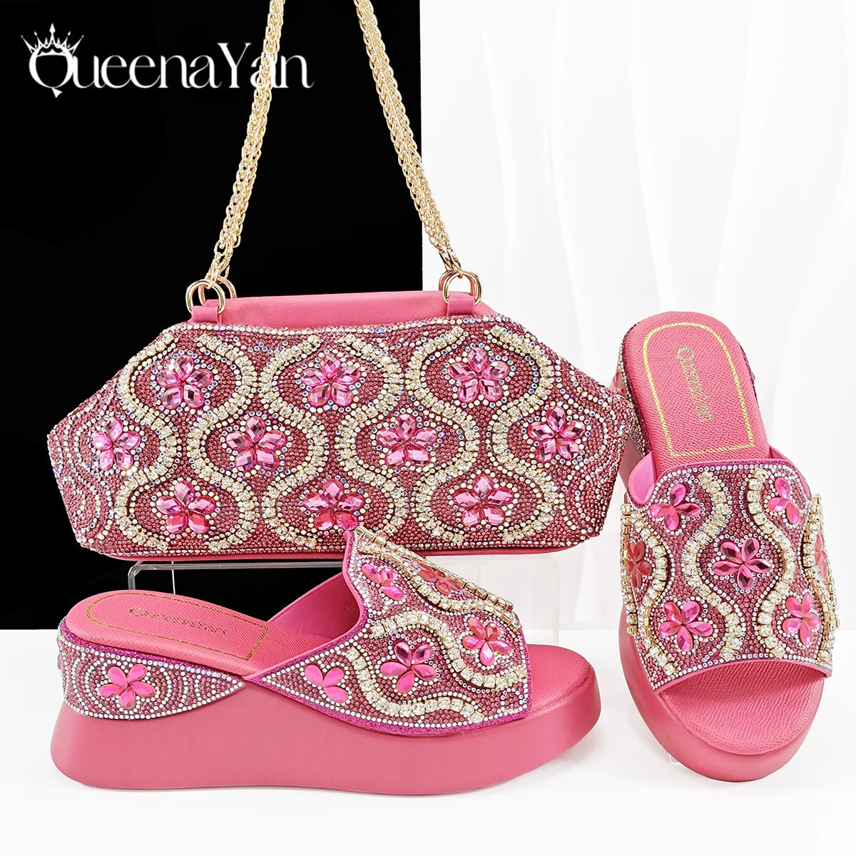 Popularity Open Toe Luxury Fashion Women High Heels Shoes and Bags Set With Rhinestone for Wedding Party Elegant