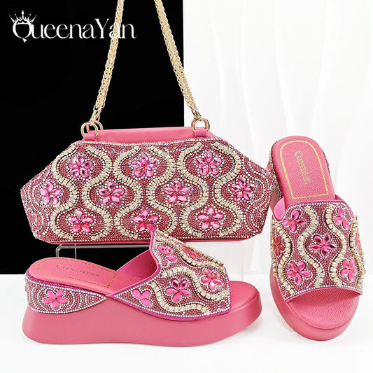 Popularity Open Toe Luxury Fashion Women High Heels Shoes and Bags Set With Rhinestone for Wedding Party Elegant