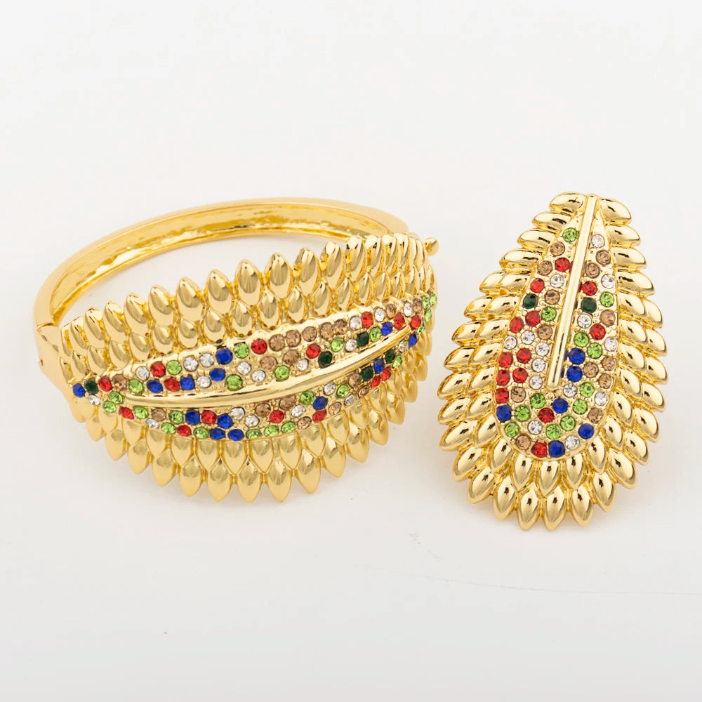 Trendy Colorful Jewelry Set for Women Zircon Collor Earrings and Necklace Large Gold Plated Bracelet Ring New Style Jewelry Gift