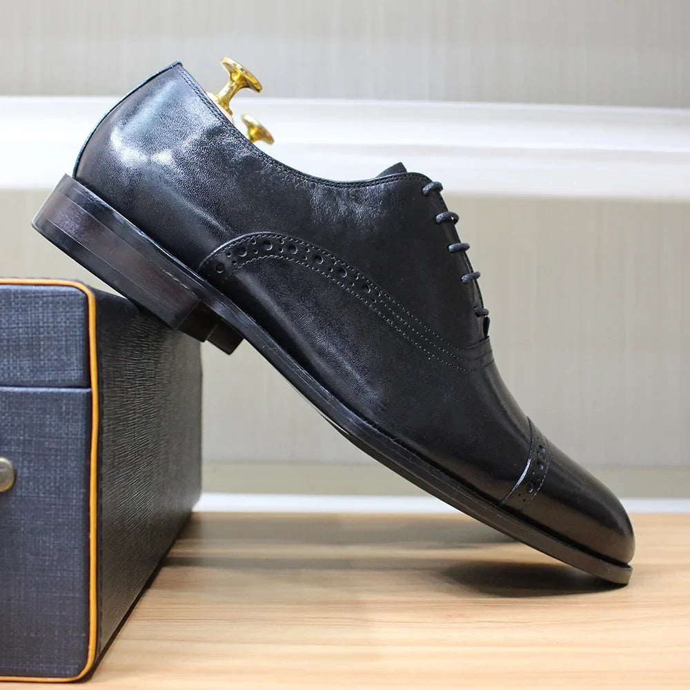 Men's Genuine Leather Oxfords Handmade Cap Toe Dress Shoes Lace-Up Formal Wedding Shoes Business Office Male Footwear