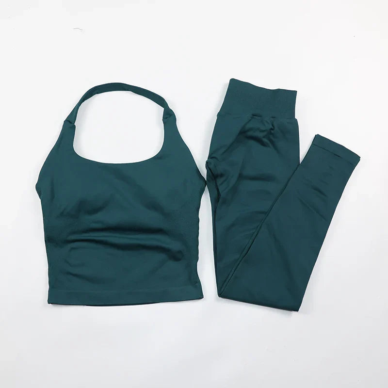 Seamless Gym Set Women Workout Clothes Low Waist Scrunch Yoga Leggings Sets Padded Halter Tank Top 2 Piece Sports Suits
