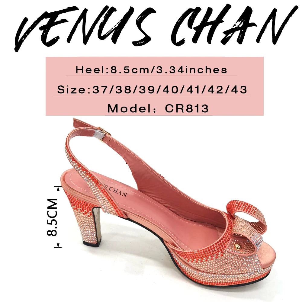 Newest INS Style Peach Color Rhinestone Elegant High Heels Nigeria Popular Design African Ladies Shoes And Bag Set