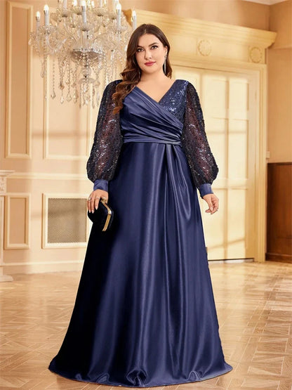Plus Size Luxury Green V-Neck Sequin Evening Dress Elegant Women Party Maxi Dress Long Sleeve Cocktail Dress Graduation Prom