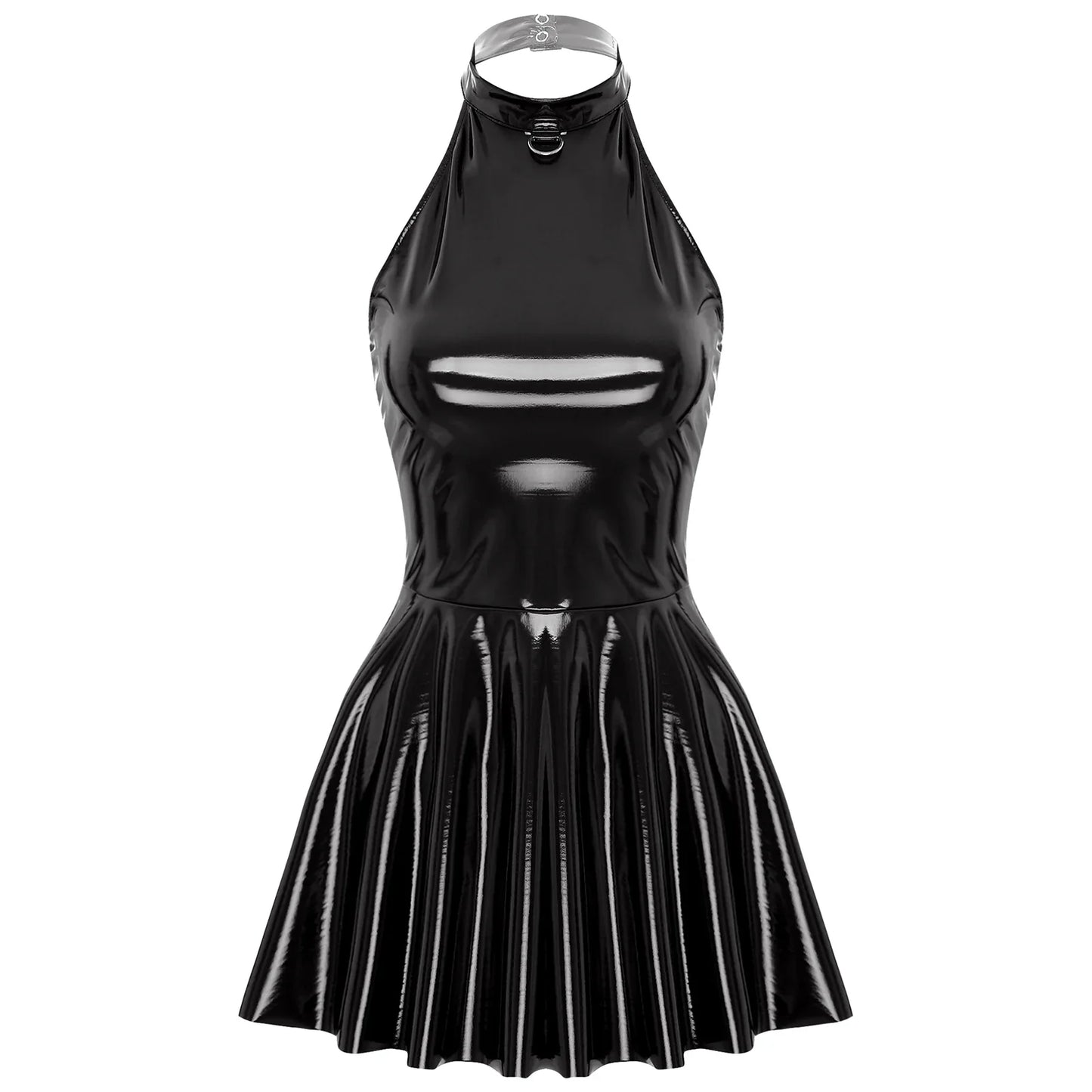 Glossy Patent Leather Glossy Mini A-Line Latex Dress for Womens Swing Skirt Skater Bodycon Mini Dress Rave Disco Party Clubwear