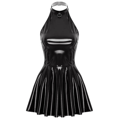 Glossy Patent Leather Glossy Mini A-Line Latex Dress for Womens Swing Skirt Skater Bodycon Mini Dress Rave Disco Party Clubwear