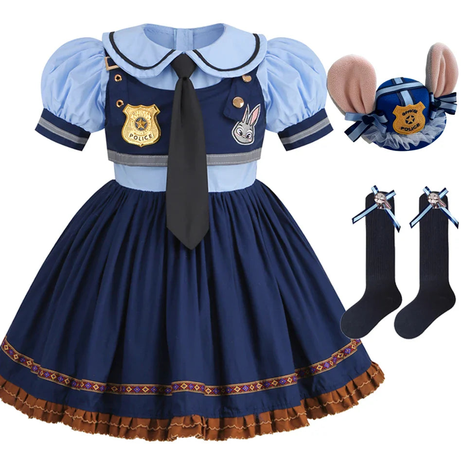 Judy Cosplay Costume Kids Carnival Party Dress Girls Tie Headdress Belt Socks Sets Police Role Play Movie Uniform Birthday Gift