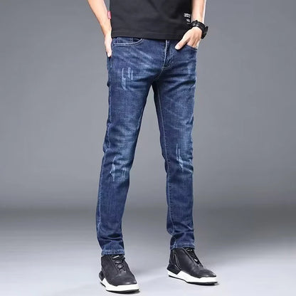 Calça Jeans Masculina Casual Elegante Clássica para Negócios Quatro Estações Preta Azul Calças de Cintura Média Leggings de Tecido Jeans Masculino