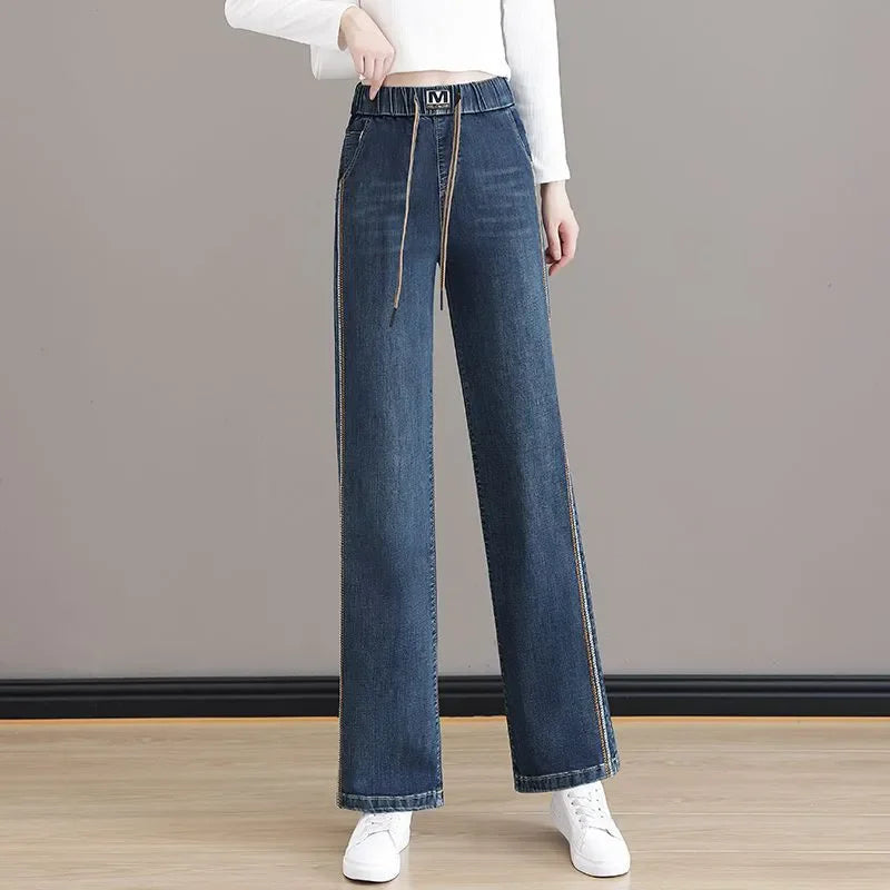 Women Elastic High Waist Wide Leg Denim Pants