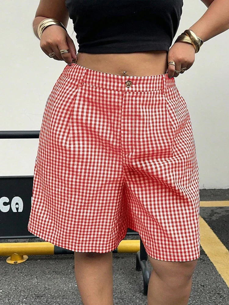 Ladies plus Size Spring Simple Casual Black White Plaid Shorts Wide Leg Pants Trousers for Women