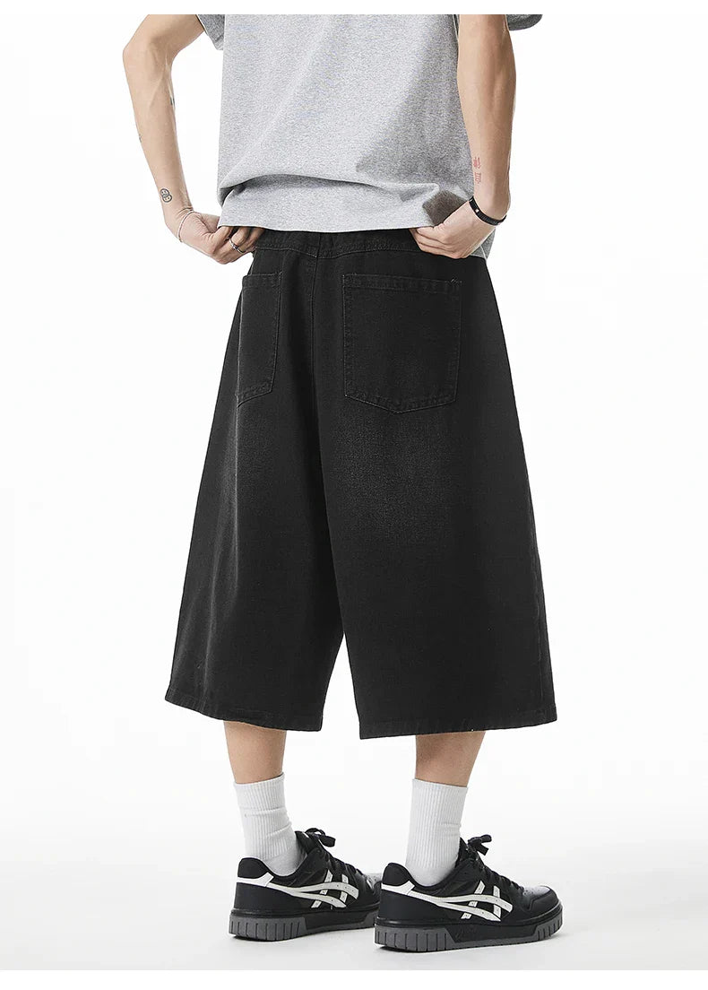 2025 Summer Men's Wide Leg Jeans Shorts Vintage Distressed Wash Y2K Straight Elastic Waist Loose Casual Relaxed Fit
