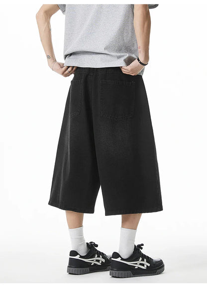 2025 Summer Men's Wide Leg Jeans Shorts Vintage Distressed Wash Y2K Straight Elastic Waist Loose Casual Relaxed Fit