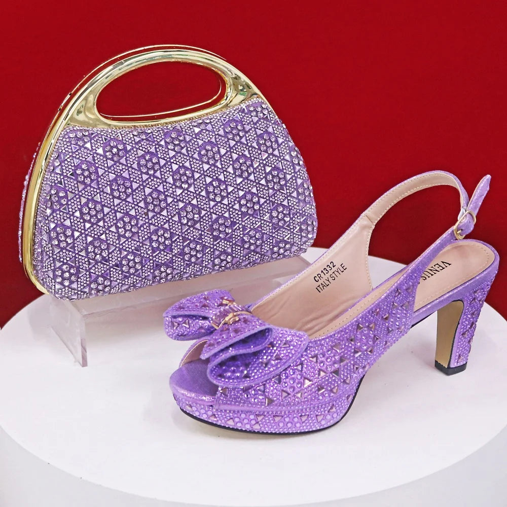 Style Dark Green Color Rhinestone Elegant High Heels Nigeria Popular Design African Ladies Shoes And Bag Set