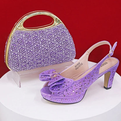Style Dark Green Color Rhinestone Elegant High Heels Nigeria Popular Design African Ladies Shoes And Bag Set