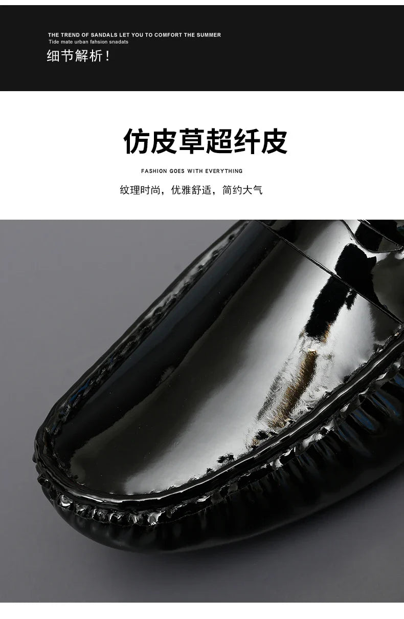 Patent Leather Beanie Shoes Men's New Spring and Summer Large Size Patent Leather Casual British Leather Shoes Women's Slip-On Lazy Casual Shoes Handmade Shoes
