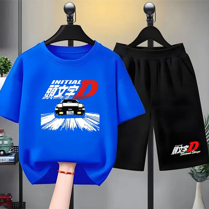 Children T-shirt+Shorts Japanese manga racing car Fashion Print Boy Girl Toddler 3-12Yrs Short-Sleeved Set refreshing Summer