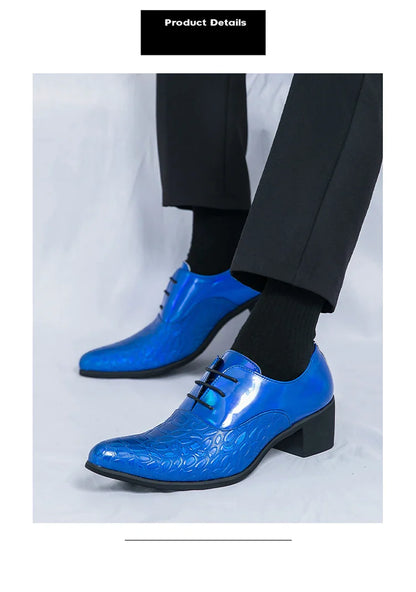 Luxury Wedding Dress Men High Heel Shoes Design Blue Man Patent Leather Shoes Party Men Pointed Toe Formal Shoes Zapatos Oxfords