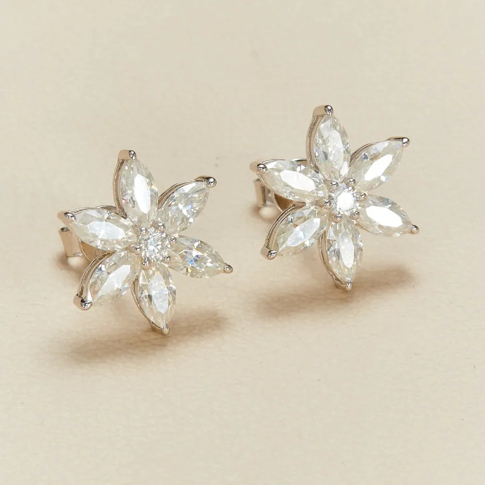 Cluster Flower Full Moissanite Stud Earrings for Women Marquise Cut Lab Diamond Earring 925 Sterling Silver Fine Jewelry