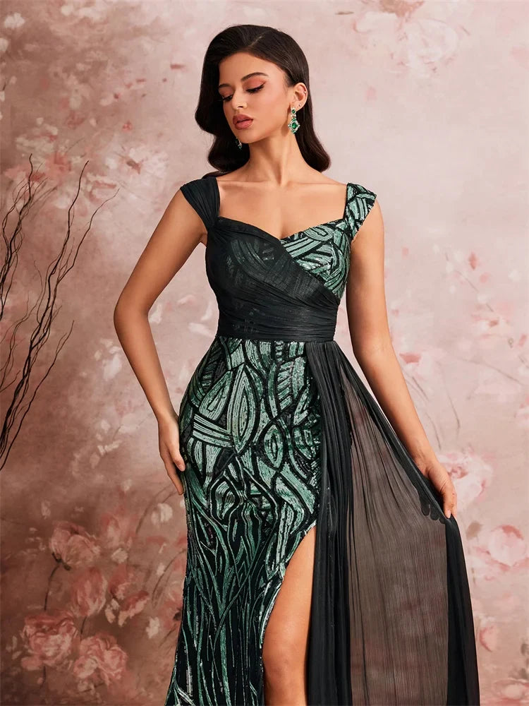 Elegant Splice Sequins Slit Evening Dresses Women Sleeveless Mermaid Formal Luxury Party Streamer Cocktail Gowns