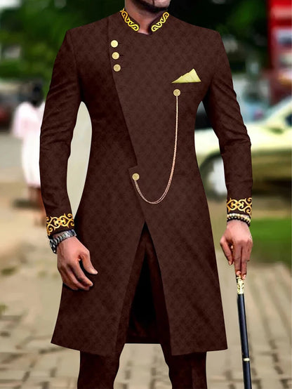 Men's casual two-piece suit set with long sleeves, mid-length jacket and trousers.