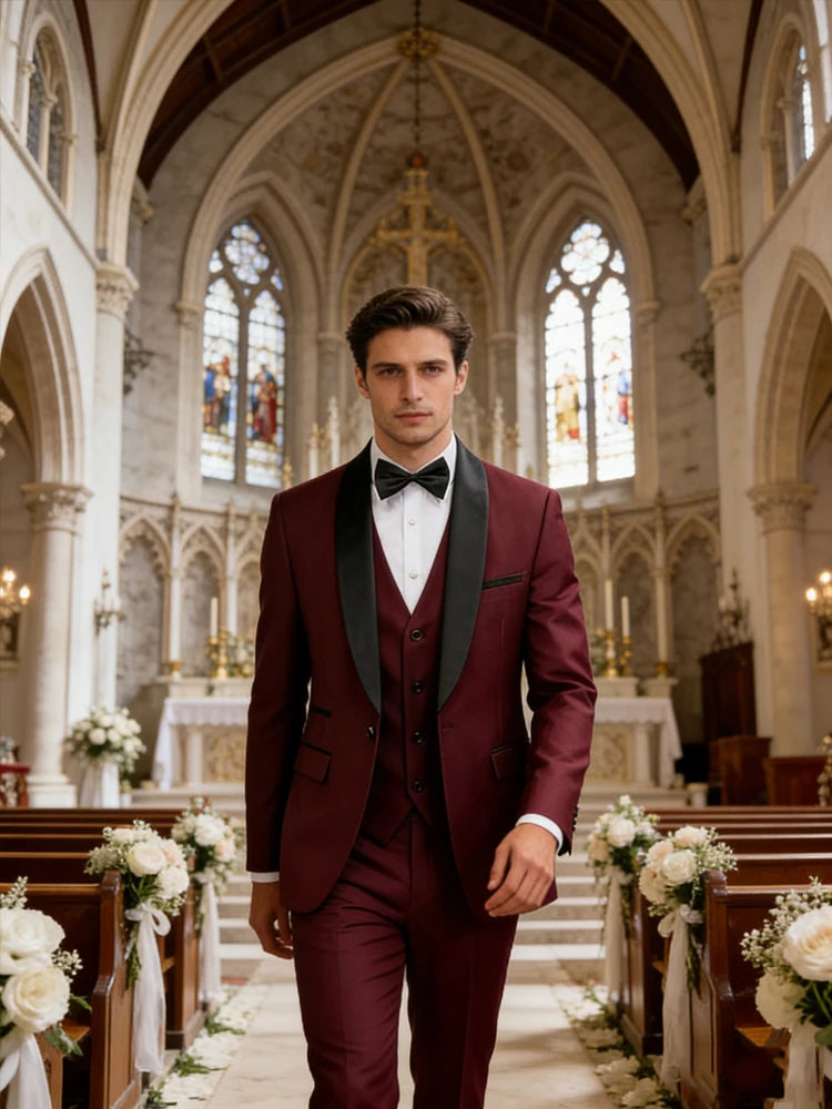 Conjunto Masculino Terno 3 Peças Smoking Um Botão Gola Xale de Cetim Slim Fit Blazer Colete Calças Para Formal Negócios Casamento Noivo