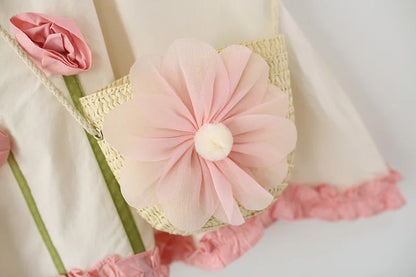 2Piece Sets Girls Summer Clothes Korean Cute Flower Doll Collar Sleeveless Cotton Kids Dresses+Bag Toddler Princess Dress B095