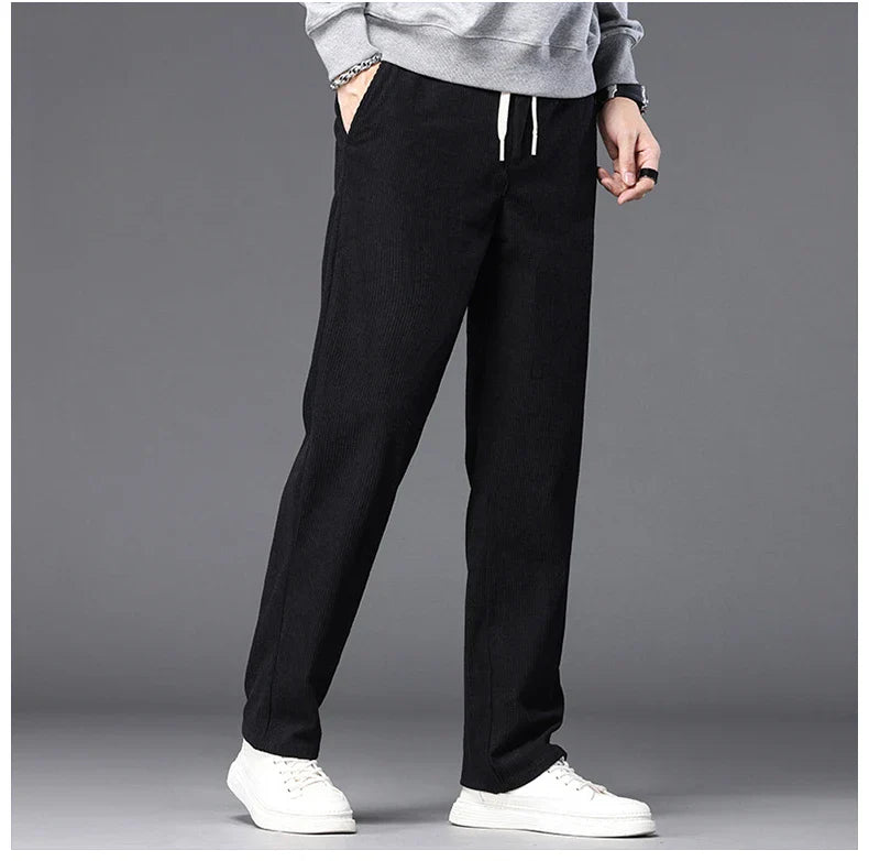Straight Corduroy Classic Male Pants Khaki Black Gray Baggy Fashion Elastic Waist Trousers Soft Stretchy Casual Men's Clothing