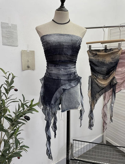 Tie Dye Summer Tops for Women Y2K Strapless Sleeveless Asymmetrical Ruffle Fishtail Ruched Stretch Mesh Vintage Clothes