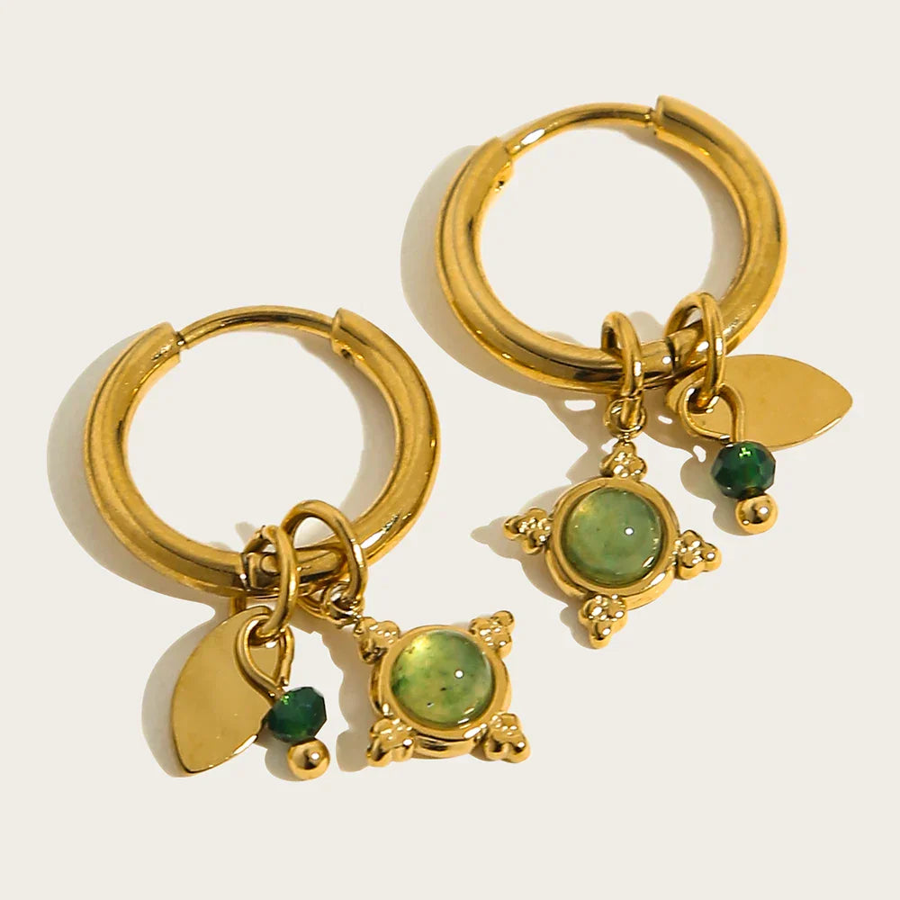 18K Gold Plated Stainless Steel Hoop Earrings for Women Vintage Green Natural Stone Charms Trendy Waterproof Jewelry