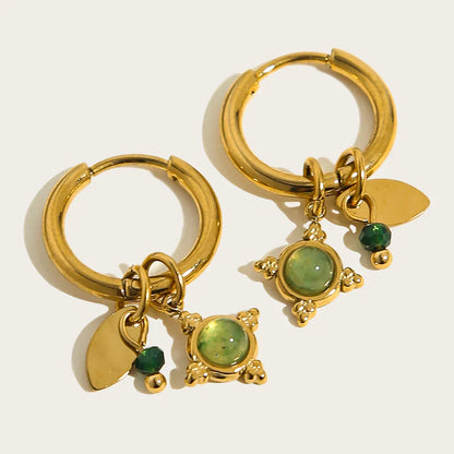 18K Gold Plated Stainless Steel Hoop Earrings for Women Vintage Green Natural Stone Charms Trendy Waterproof Jewelry