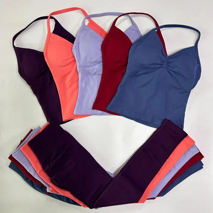 Yoga Longline Strappy Top Leggings Set Women's Backless Camisole Built-In bra Vest High-Waisted Hip Lift Gym Shorts Sports Set