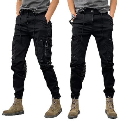 Fashionable men's slim fit work pants, casual loose zipper, multi pocket jogging pants, elastic leg binding pants