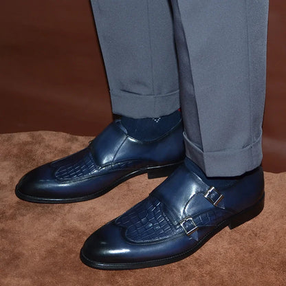 Classic Men's Genuine Leather Dress Shoes Double Buckle Monk Strap Wingtip Crocodile Print Business Office Formal Footwear Man