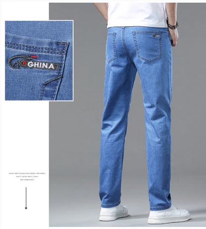 2025 Spring Summer Thin Classic Men's Business Jeans Stretch Trousers Casual Straight Denim Pants  Brand Male Clothing 28-40
