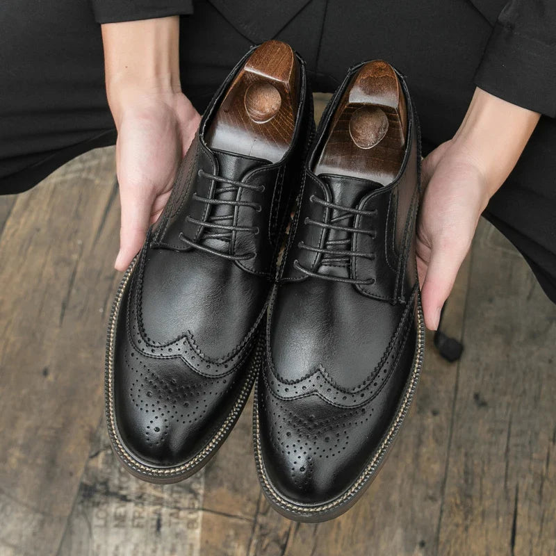 Men Lace Up Derby Shoes PU Solid Color Round Toe Business Casual Fashion Formal Shoes