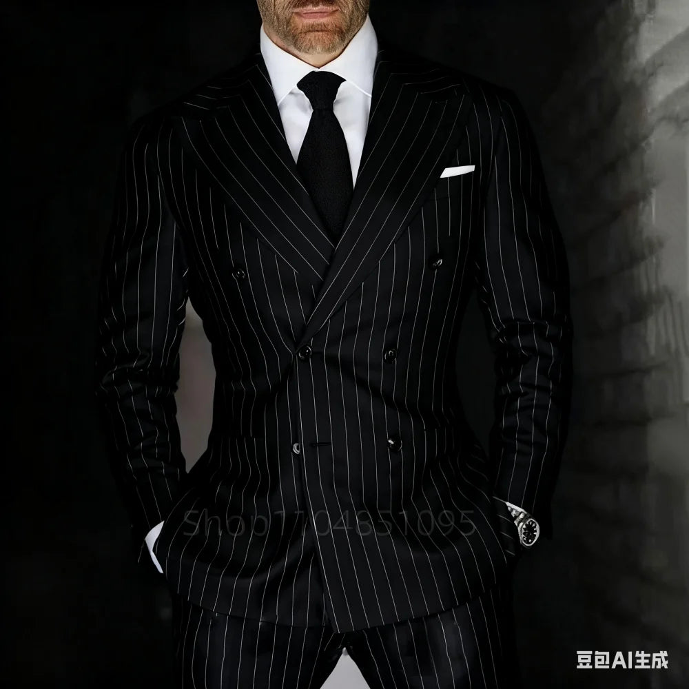 Men's 2-Piece Suit Set Slim Fit Double Breasted Lapel Formal Grey Blue Marine High Quality Jacket And Trousers Ensemble