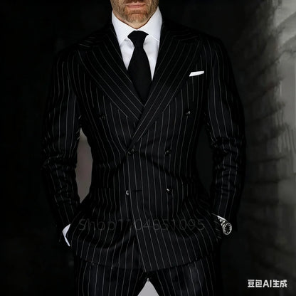 Men's 2-Piece Suit Set Slim Fit Double Breasted Lapel Formal Grey Blue Marine High Quality Jacket And Trousers Ensemble