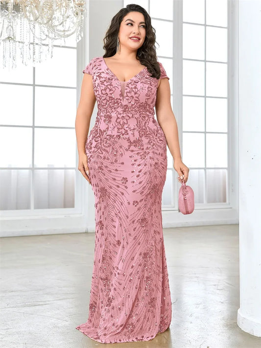 Plus Size Pink Elegant V-neck Sequins Floor Length Evening Dresses Cap sleeve Bridesmaid Party Cocktail Gowns