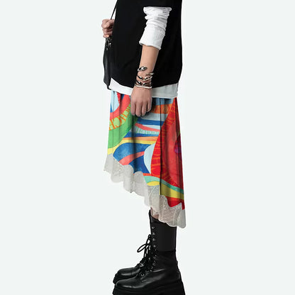 2024 Summer New Print Retro Midi Half Skirt Women's Elegant Lace Lower Half Colored Printed Half Skirt