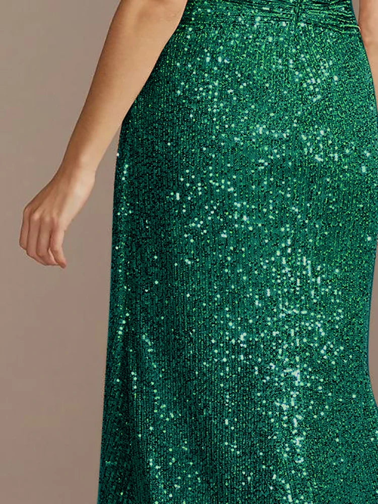Luxury Green Floor Length V-Neck Evening Dresses Women Elegant Party Maxi Sequins Short Sleeves Prom Cocktail Gowns