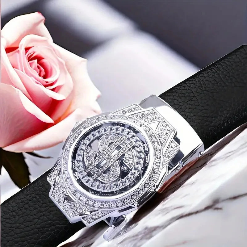 New Luxury Golden Watch Buckle Brown PU Leather Men Belt for Men Personality Designer Automatic Buckle Male Mens Belt