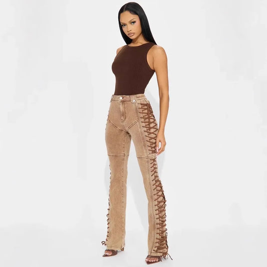Spliced Draw String Denim Ankle Length Pants