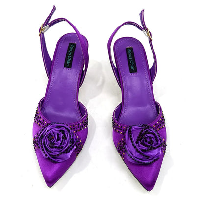 Elegant Rhinestone-Embellished Brown Heeled Shoes and Handbag Set for Women with Floral Decoration – Perfect Small Size Fashion