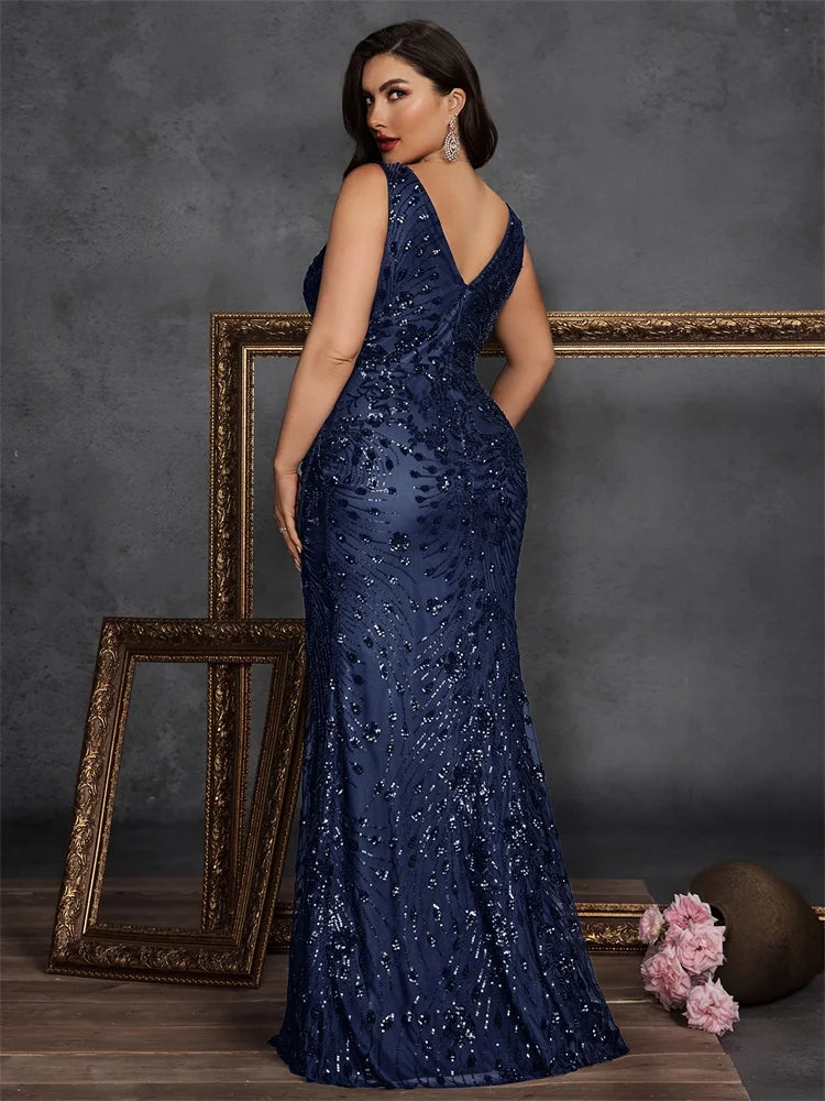 Plus Size Elegant V-back Slit Sequins Formal Evening Dresses 2026 Luxury Mermaid V-neck Cocktail Wedding Party Gowns